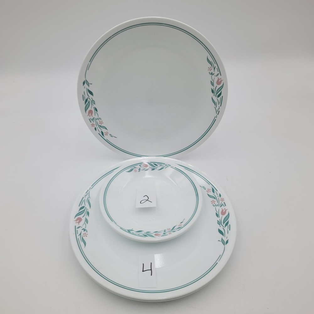 6pc Corelle Rosemarie Plate Set Pink Tulips Teal Floral Vitrelle Glass Vintage